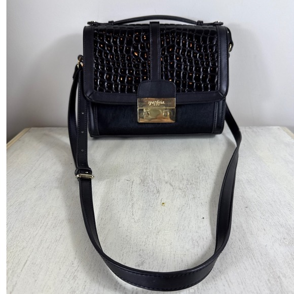 Spartina 449 Black Satchel Adjustable Crossbody Bag Faux Fur‎ Crocodile Leather - Picture 1 of 10
